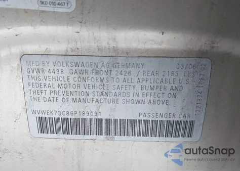 2006 Volkswagen Passat 2.0T z USA, uszkodzony, nr VIN WVWEK73C86P189091